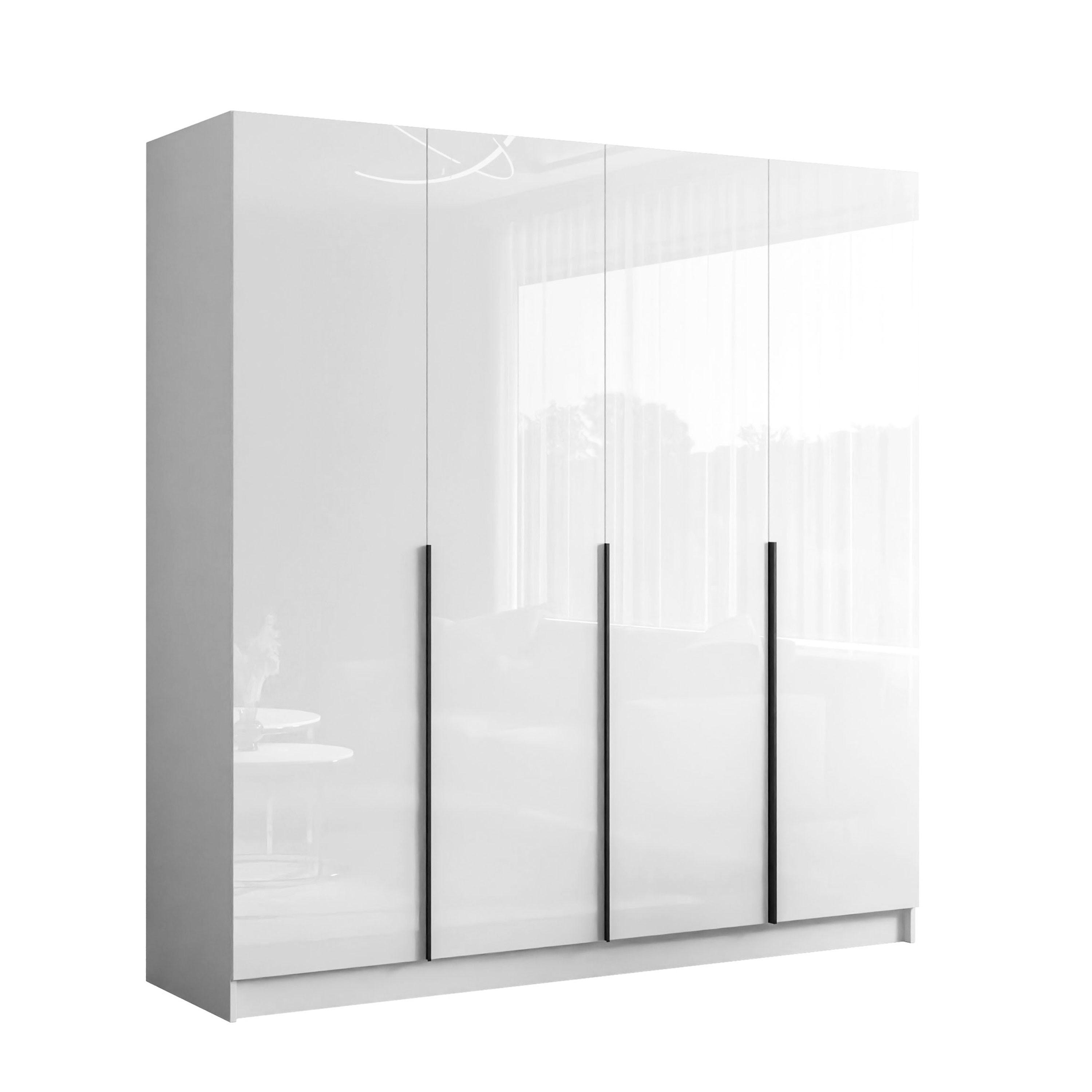 KLEIDERSCHRANK AUREL 4D mit schwarzen Griffen - Weiß Hochglanz/Schwarz, Holzwerkstoff (200/200/57cm) - Lookway