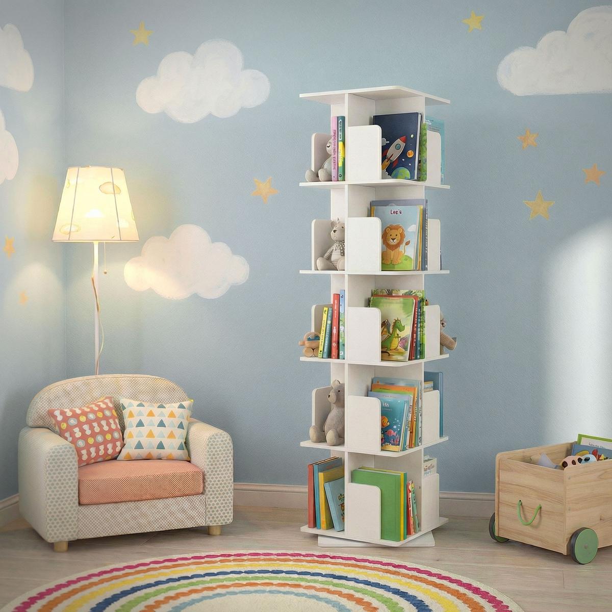 BÜCHERREGAL Kinder mit 5 Ebenen Weiß 40x155x40 cm Drehbar 360 Grad - Weiß, Holzwerkstoff (40/155/40cm) - ML-DESIGN
