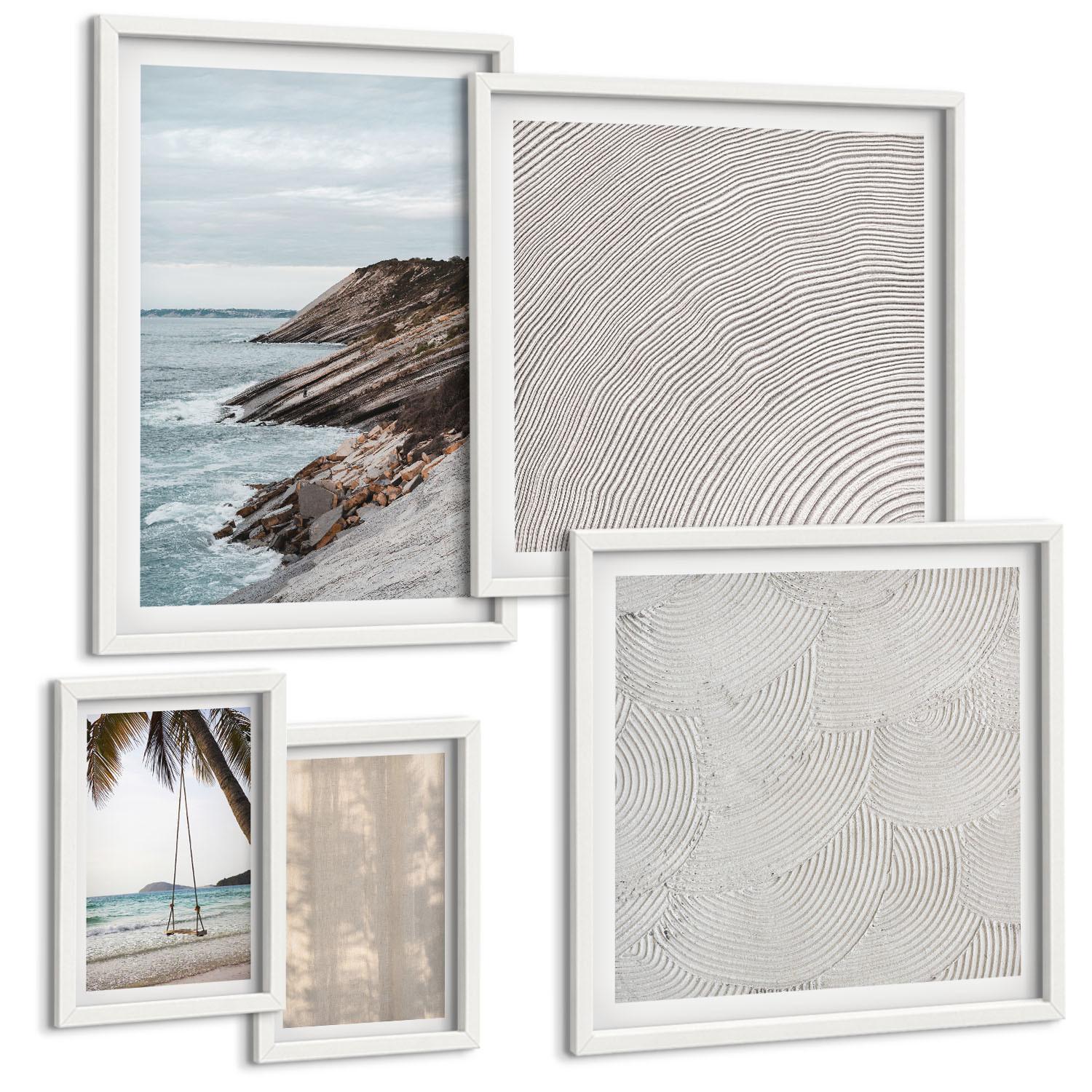 BILDER SET 5er Set - 50x50 cm & 20x30 cm & 40x60 cm Weißer Rahmen - Sommerlicher Sandstrand mit Meerblick - Weiß, Kunststoff (40/60cm) - TULUP