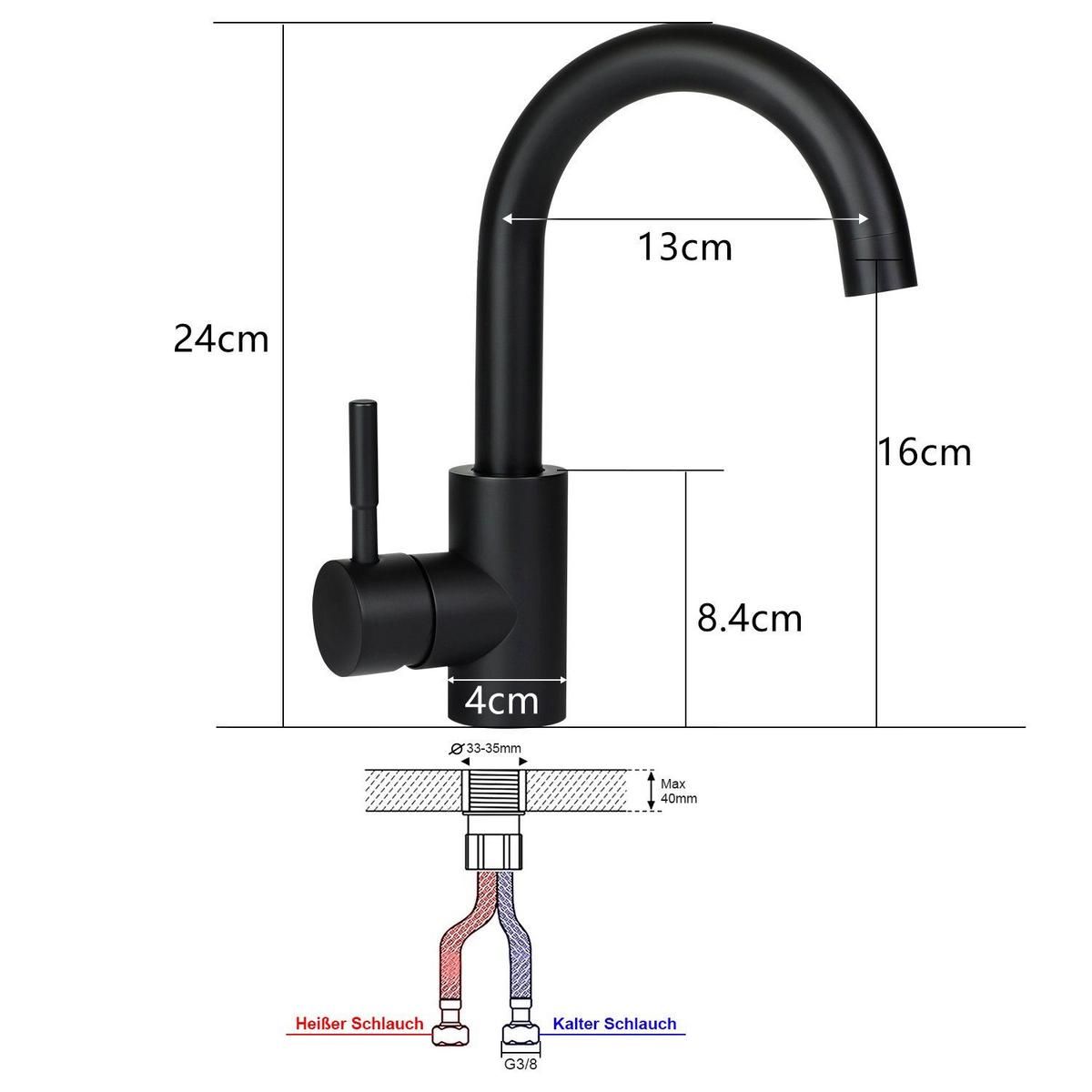 WASCHTISCHARMATUR Flutisf 13/4/24 cm - Schwarz, Metall (4/24/13cm) - ZMH