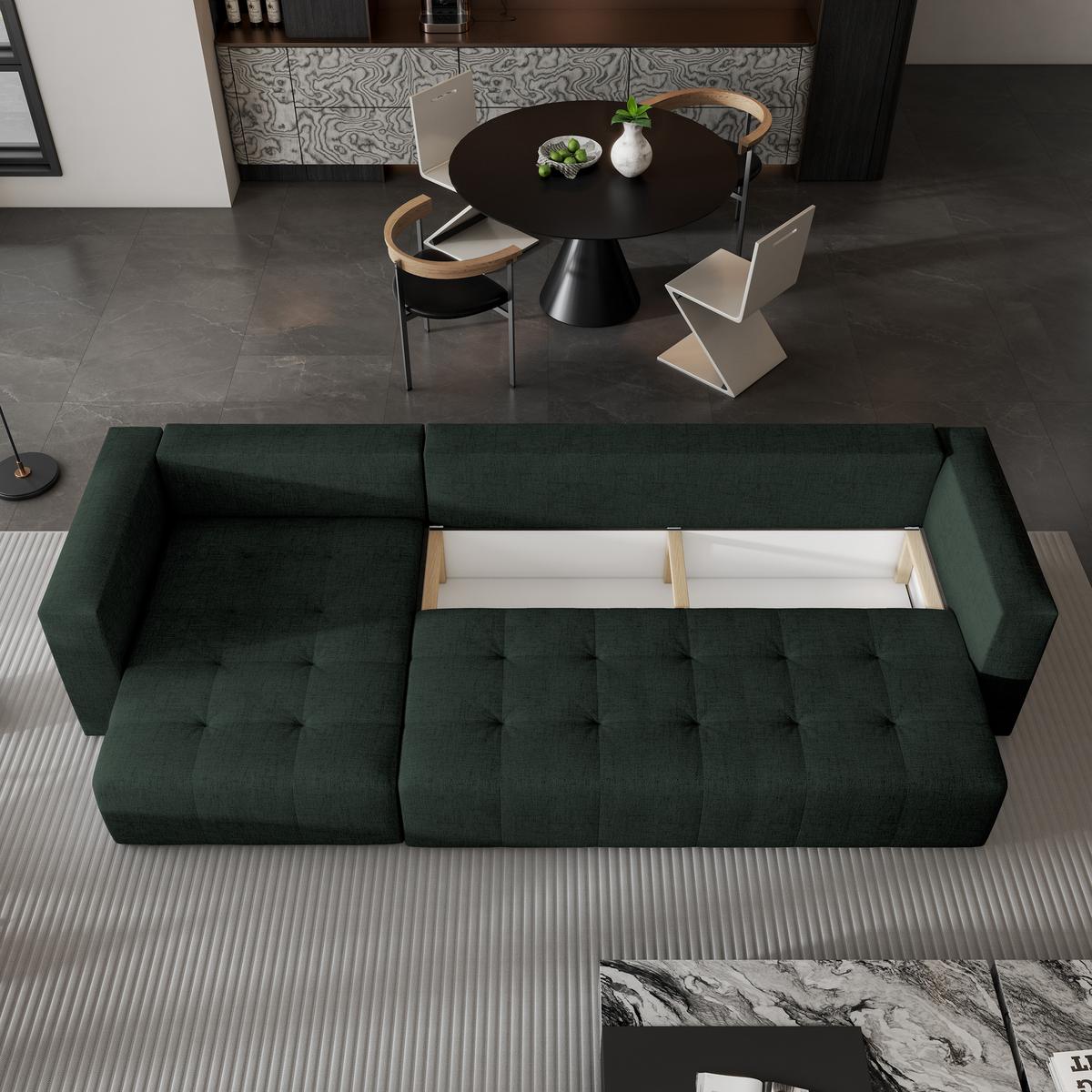ECKSOFA OLVERA Grün Geflochtener Stoff mit Schlaffunktion - Grün, Holz (347/148cm) - MASSENO