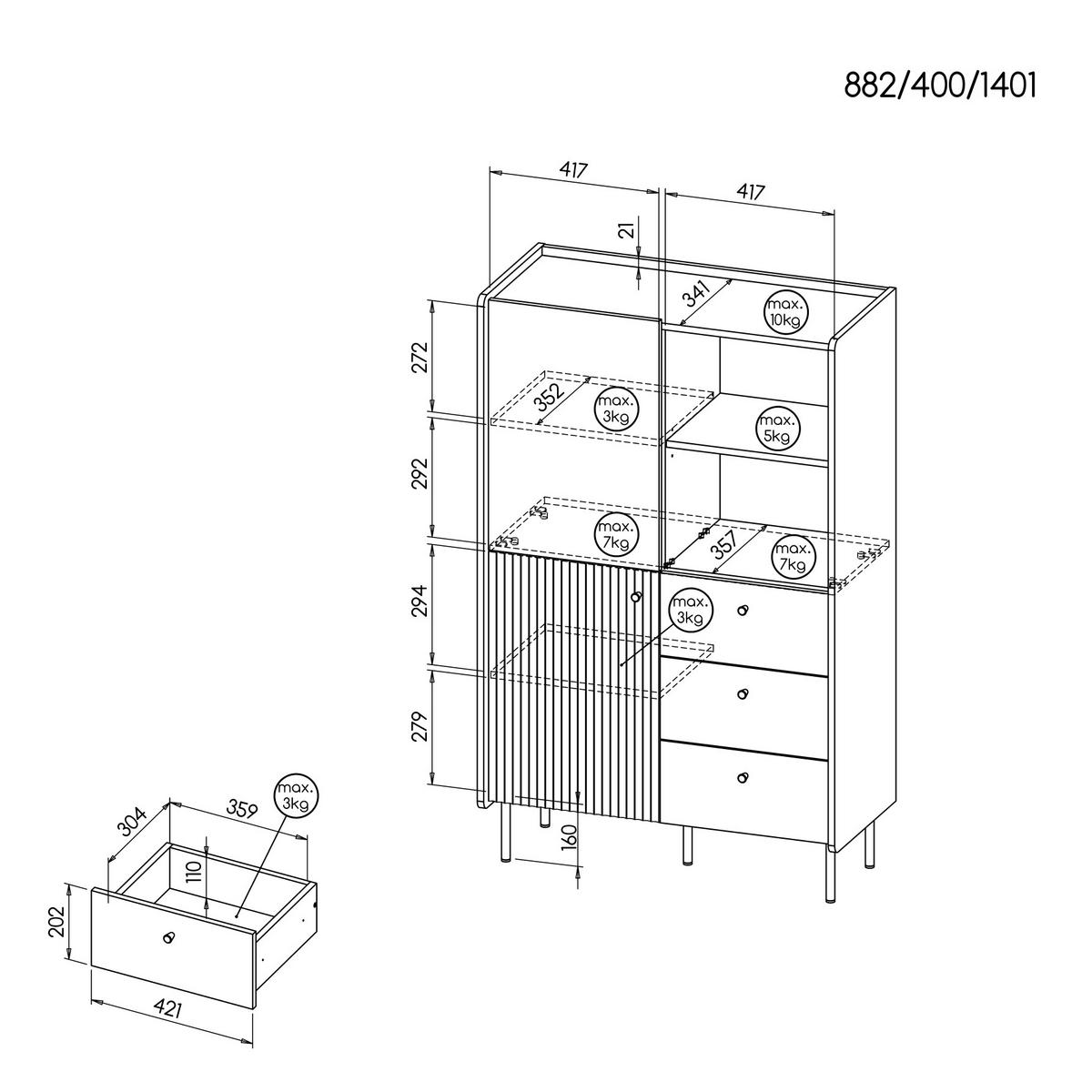 HIGHBOARD Piano mit 2 Türen und 3 Schubladen, Mattschwarz + Warmia-Nussbaum - Dunkelbraun/Schwarz, Holzwerkstoff (88/140/40cm) - Beautysofa