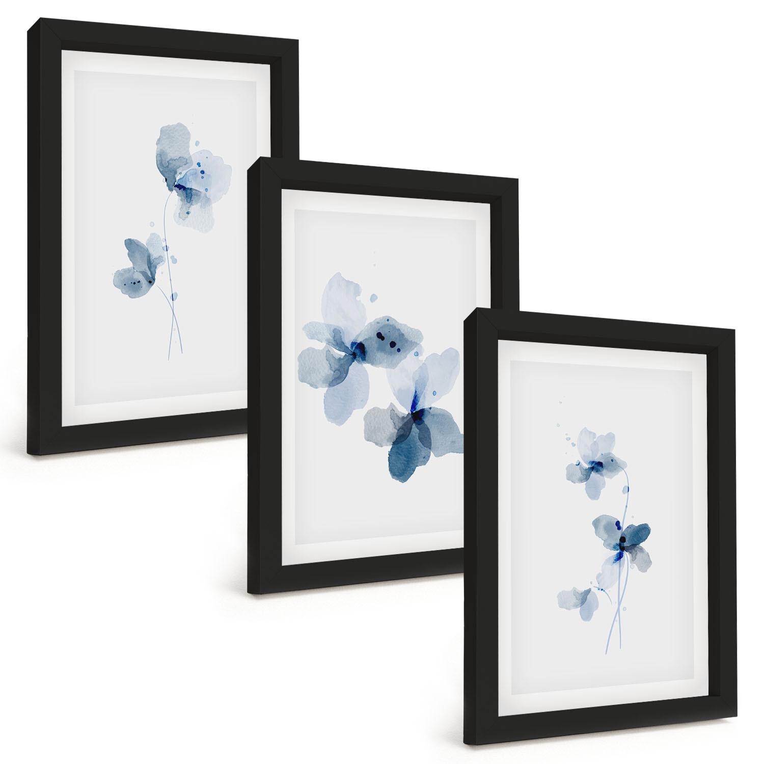 BILDER SET 3er Set - 20x30 cm Schwarzer Rahmen - Blaue Blumen - Schwarz, Kunststoff (20/30cm) - TULUP