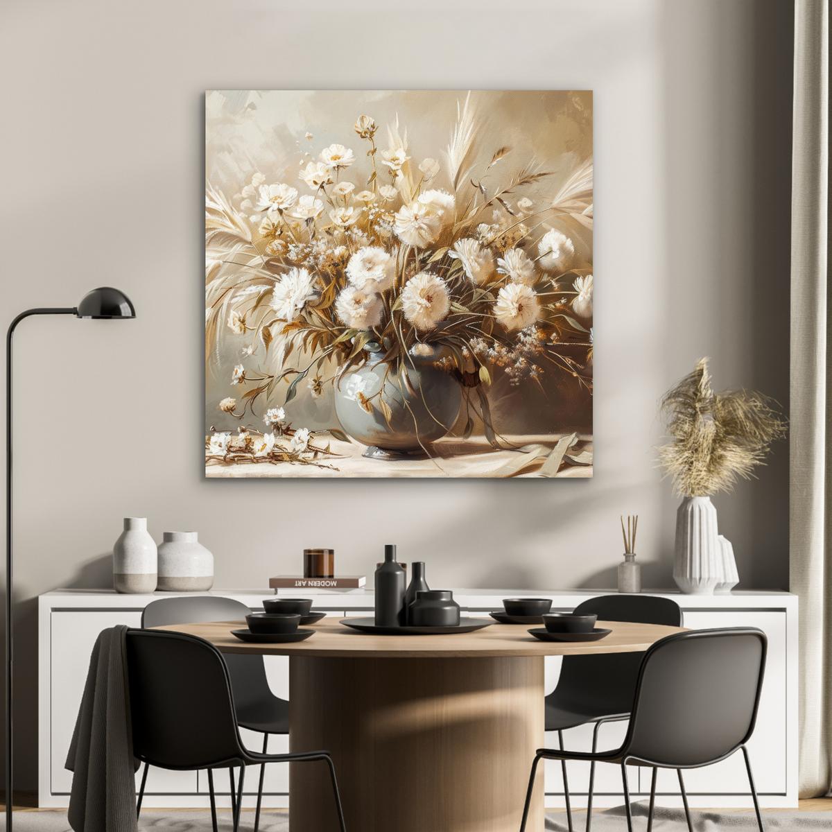 METALLBILD Blumen - Vase - Stilleben - Beige 90x90 cm - Creme, Metall (90/90cm) - MuchoWow