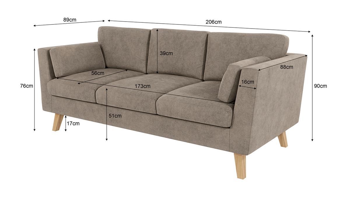 3-SITZER-SOFA Mario Dunkelbeige Microfaser - Hellbraun/Beige, Holz/Buchenholz (206/90/89cm) - S-Style Möbel