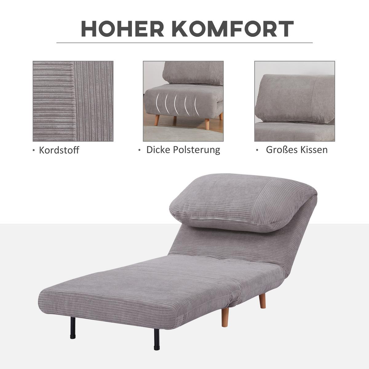 2-IN-1 Schlafsofa Schlafsessel Klappmatratze Gästebett Klappbett Hellgrau - Hellgrau/Naturfarben, Holz/Textil (87/89/82cm) - HOMCOM