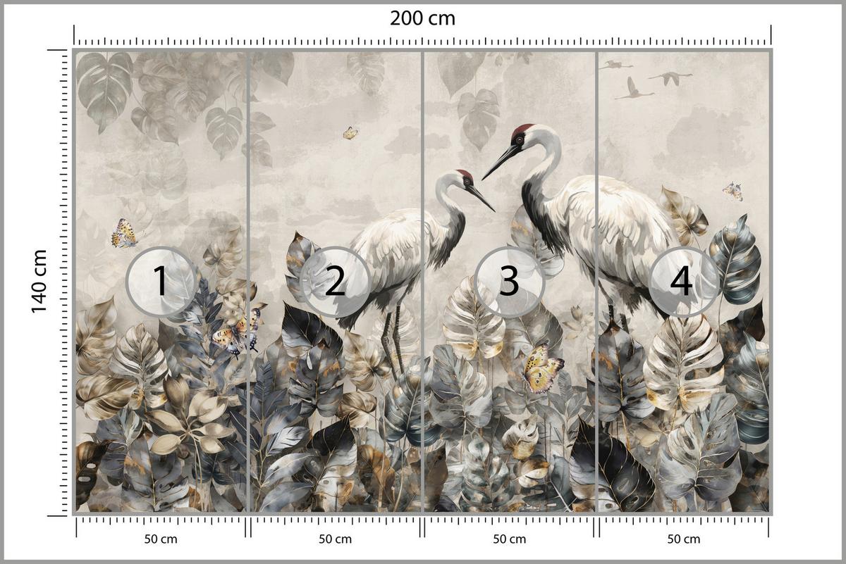 FOTOTAPETE für Wohnzimmer Kraniche Abstrakten Blättern Retro Natur 200x140 - Grau, Papier (200/140cm) - Muralo