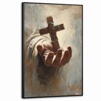LEINWAND Bilder mit Rahmen - Abstrakt - Kreuz - Hand - Christentum - 90x140 - Hellbraun, Textil (90/140cm) - MuchoWow