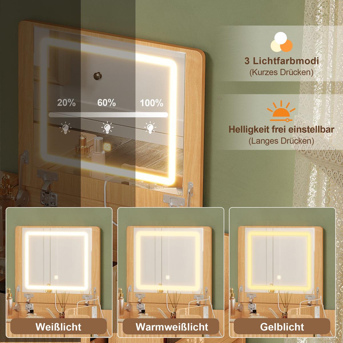SCHMINKTISCH mit Hocker Naturholzoptik mit LED-Klappspiegel, Ladestation - Naturfarben, Holzwerkstoff (79/120/40cm) - Urban Meuble
