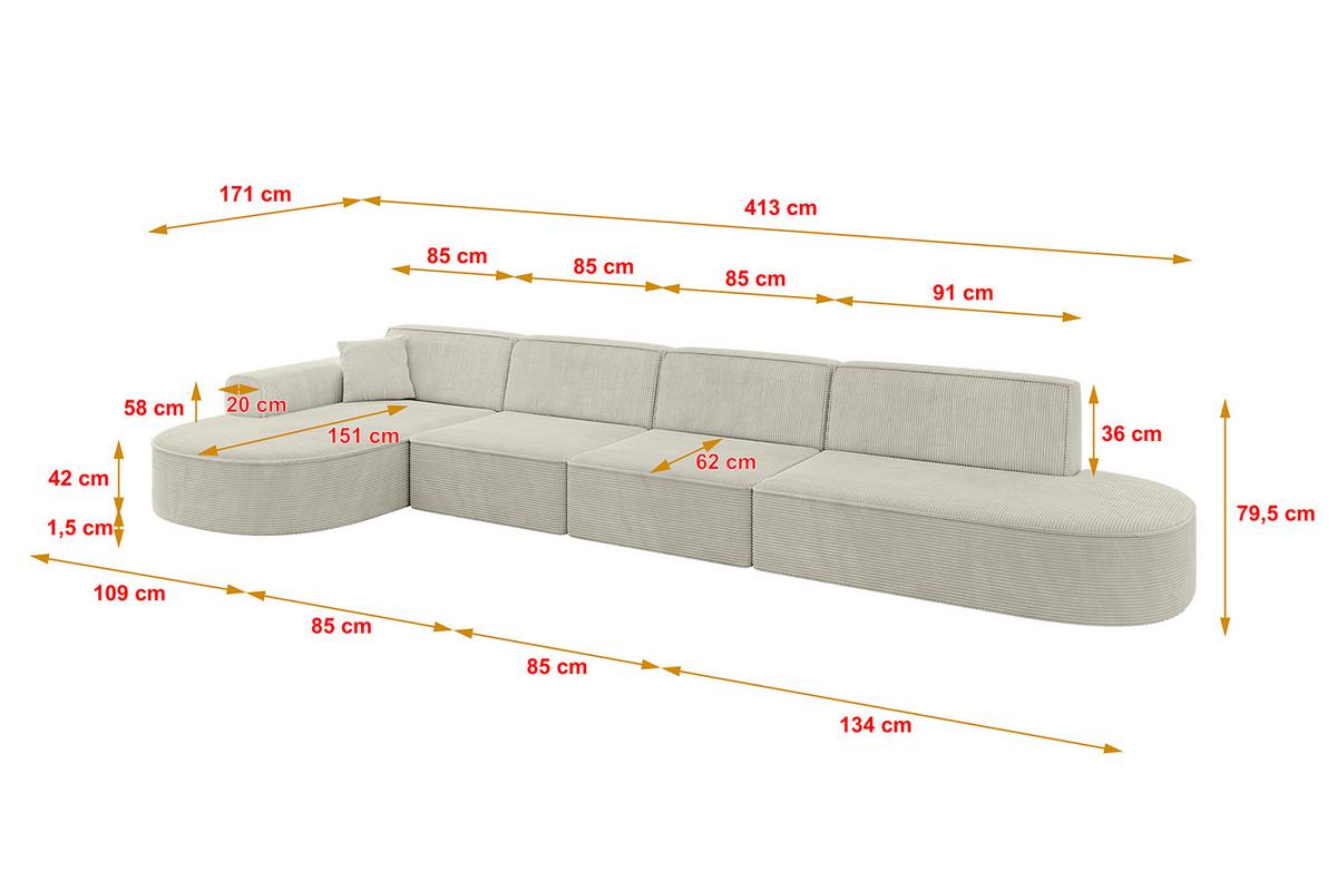 ECKSOFA Ottomane Links MARI-L3 - 413x171x79 cm Creme Cord - Hellgrau/Creme, Holzwerkstoff/Kunststoff (165/406cm) - ALTDECOR