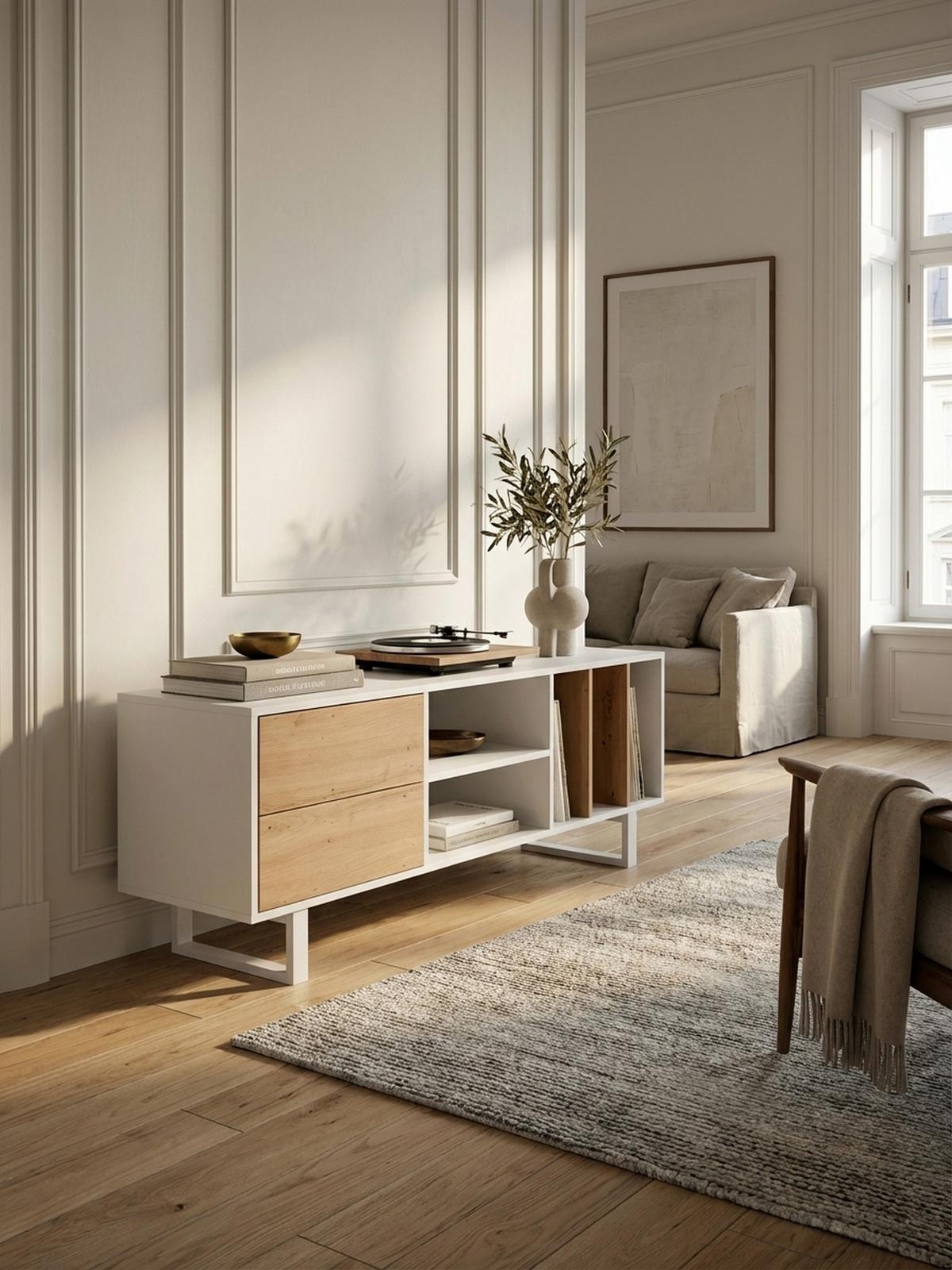 TV-LOWBOARD mit Eiche-Dekor, Schubladen und offenes Regal, modern, Weiß 150x40x55 cm - Weiß, Holzwerkstoff/Metall (150/55/40cm) - KADIMA DESIGN