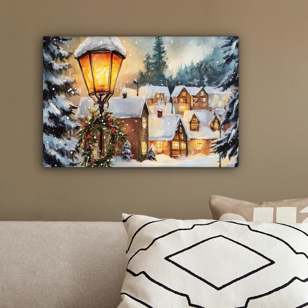 LEINWANDBILD Weihnachtsdorf - Häuser - Schnee - Weihnachten Deko Schlafzimmer 30x20 cm - Sandfarben, Textil (30/20cm) - MuchoWow