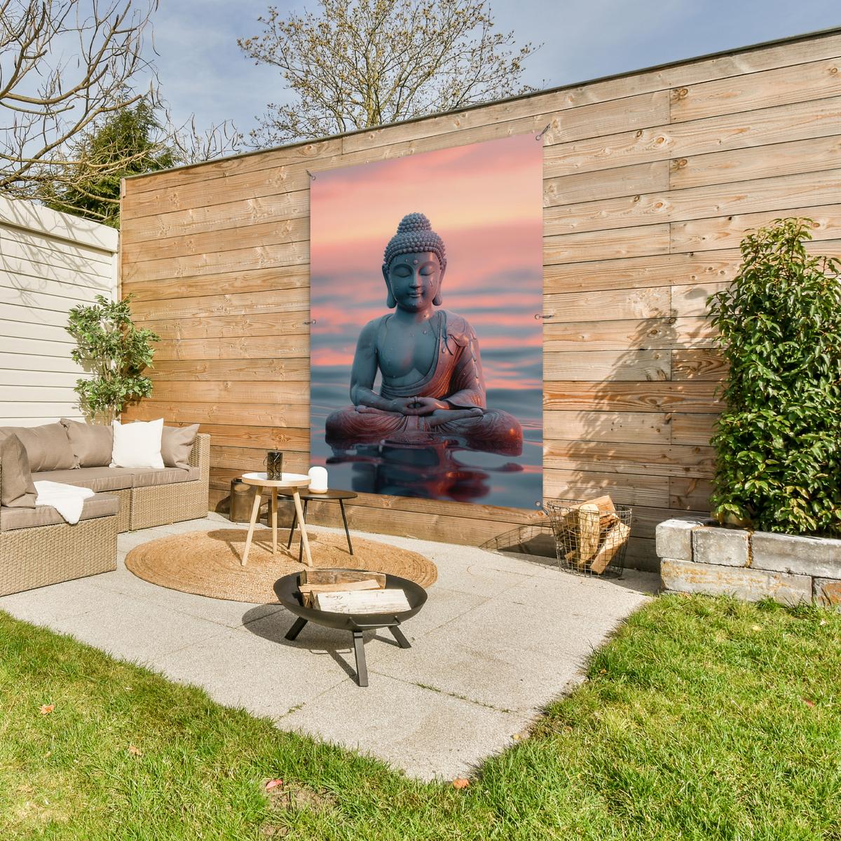 GARTENPOSTER Buddha - Statue - Buddha - Wasser - Kunst - Buddha Gartendekoration 120x160 cm - Blaugrau, Kunststoff (120/160/0.2cm) - OnlyWow
