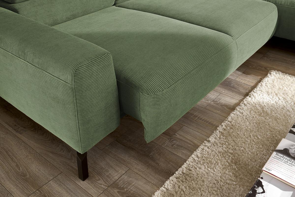 ECKSOFA MIT MOTORISCHEM SITZVORZUG DELIA Grün Cord Relaxfunktion - Schwarz/Olivgrün, Textil/Metall (276/219cm) - KAWOLA