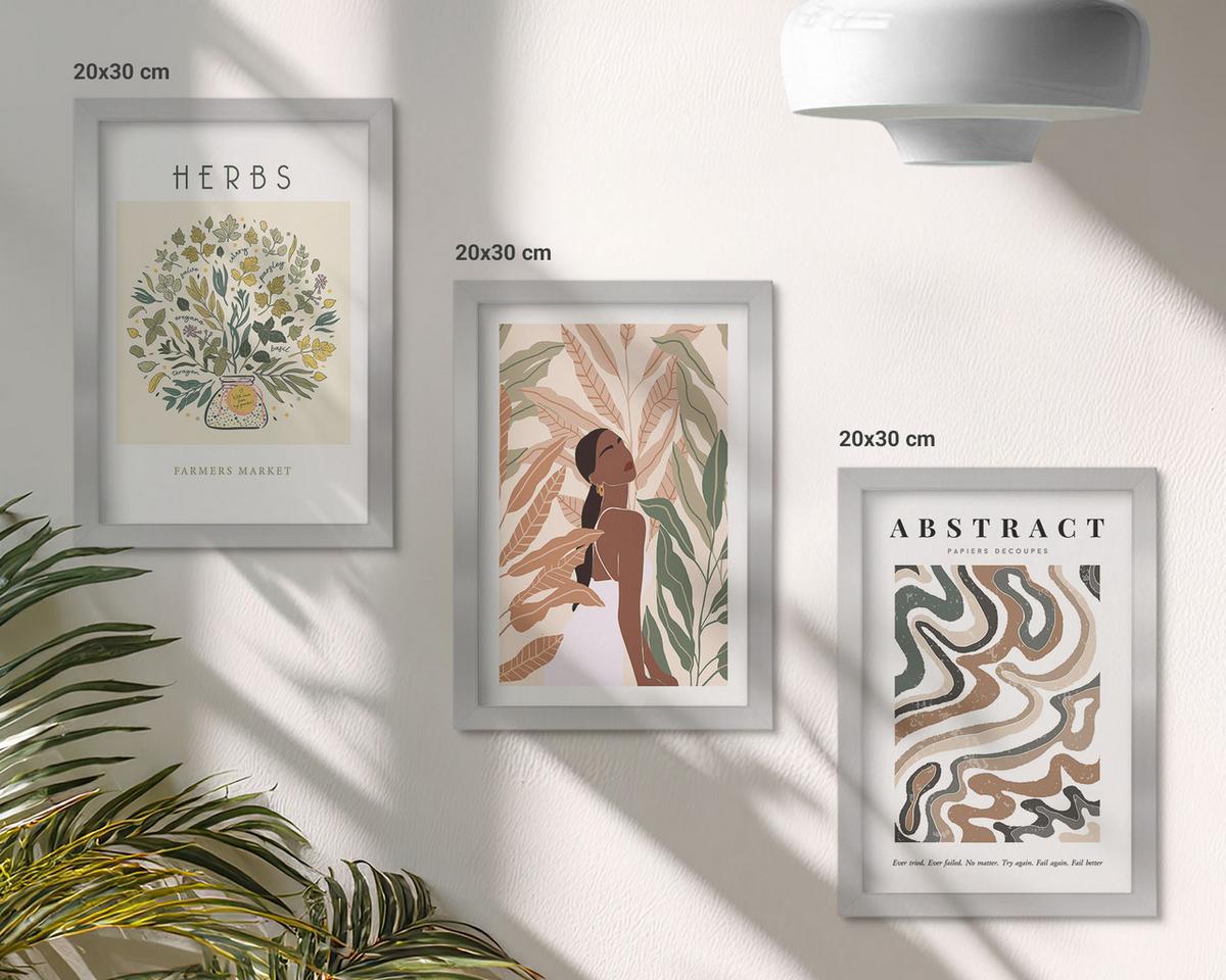 BILDER SET 3er Set - 20x30 cm Silberner Rahmen - Boho-Pastell-Minimalisten-Poster - Silberfarben, Kunststoff (20/30cm) - TULUP