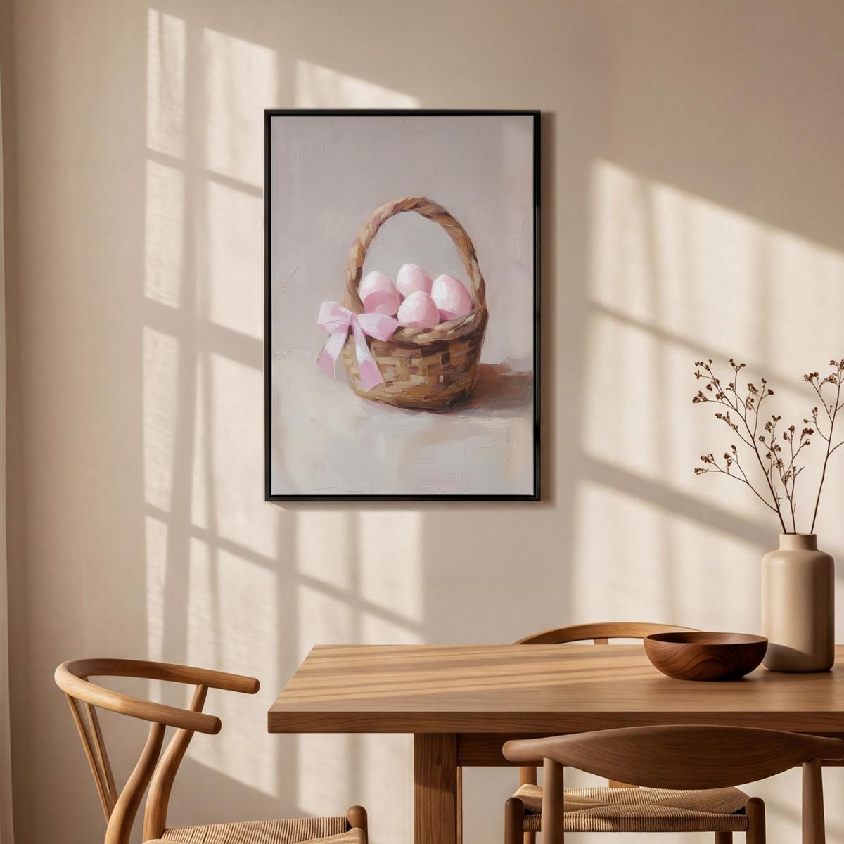 LEINWAND Bilder mit Rahmen - Korb - Eier - Rosa - 60x90 - Beige, Textil (60/90cm) - MuchoWow