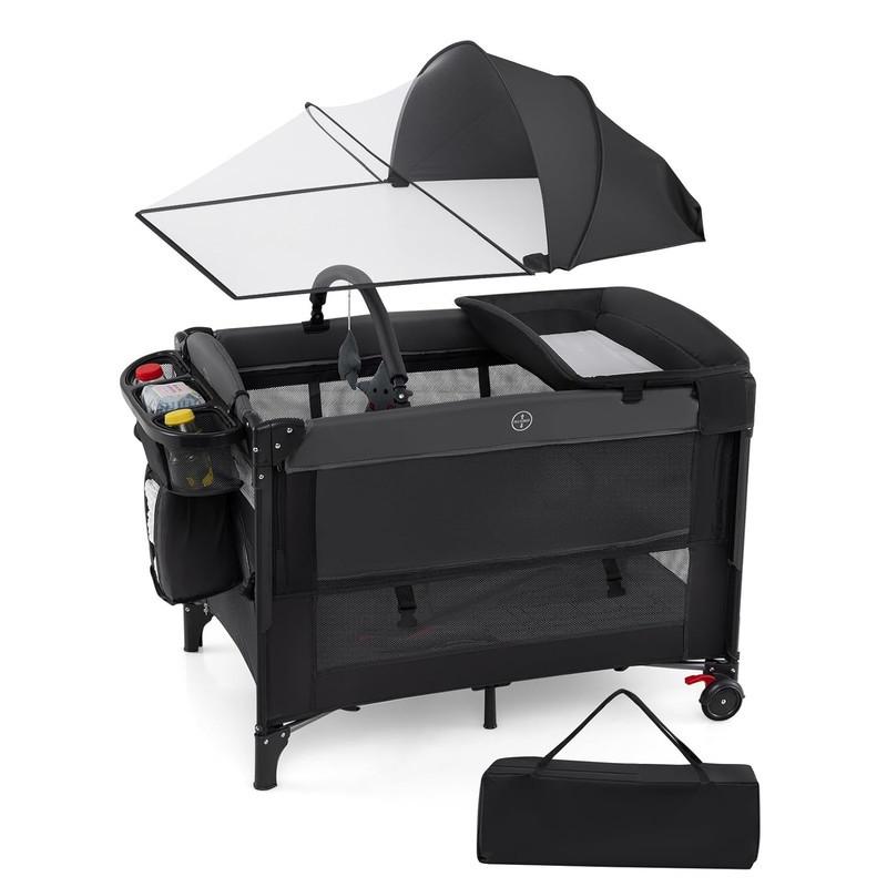 BEISTELLBETT mit Matratze schwarz - Schwarz, Textil - COSTWAY