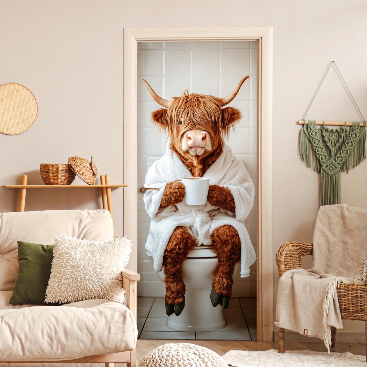 TÜRAUFKLEBER Schottischer Highlander - WC - Bademantel - Modern - Tiere 90x215 cm - Türtapete - Kastanienfarben, Kunststoff (90/0.1cm) - MuchoWow