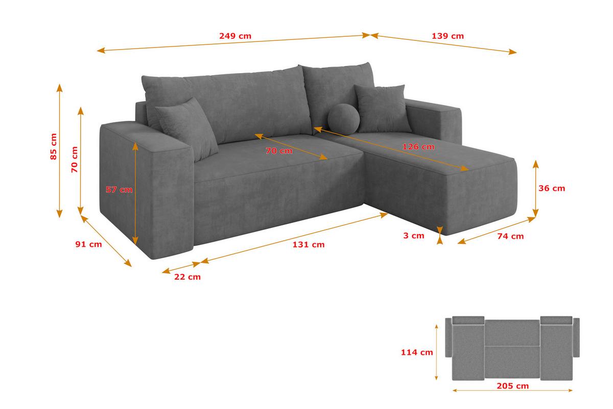 ECKSOFA mit Schlaffunktion Ottomane Rechts SENO-L 249x139x85 Grau Velours - Taupe/Schwarz, Holzwerkstoff/Kunststoff (249/139cm) - ALTDECOR