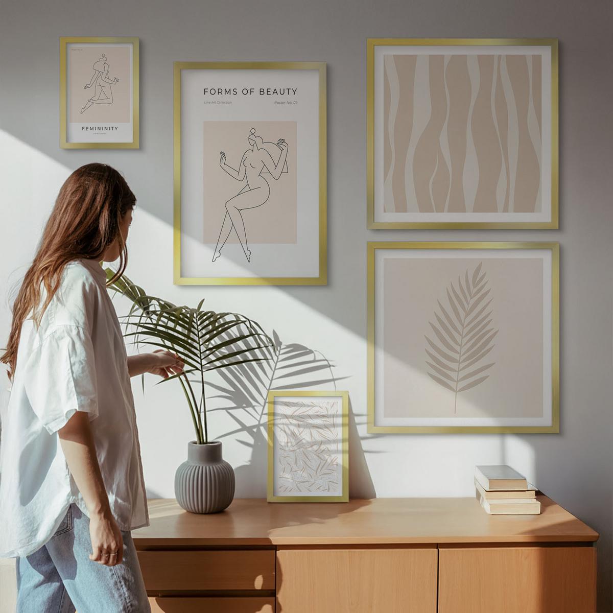BILDER SET 5er Set - 50x50 cm & 20x30 cm & 40x60 cm Goldrahmen - Minimalistische Pflanzenmotive - Goldfarben, Kunststoff (40/60cm) - TULUP