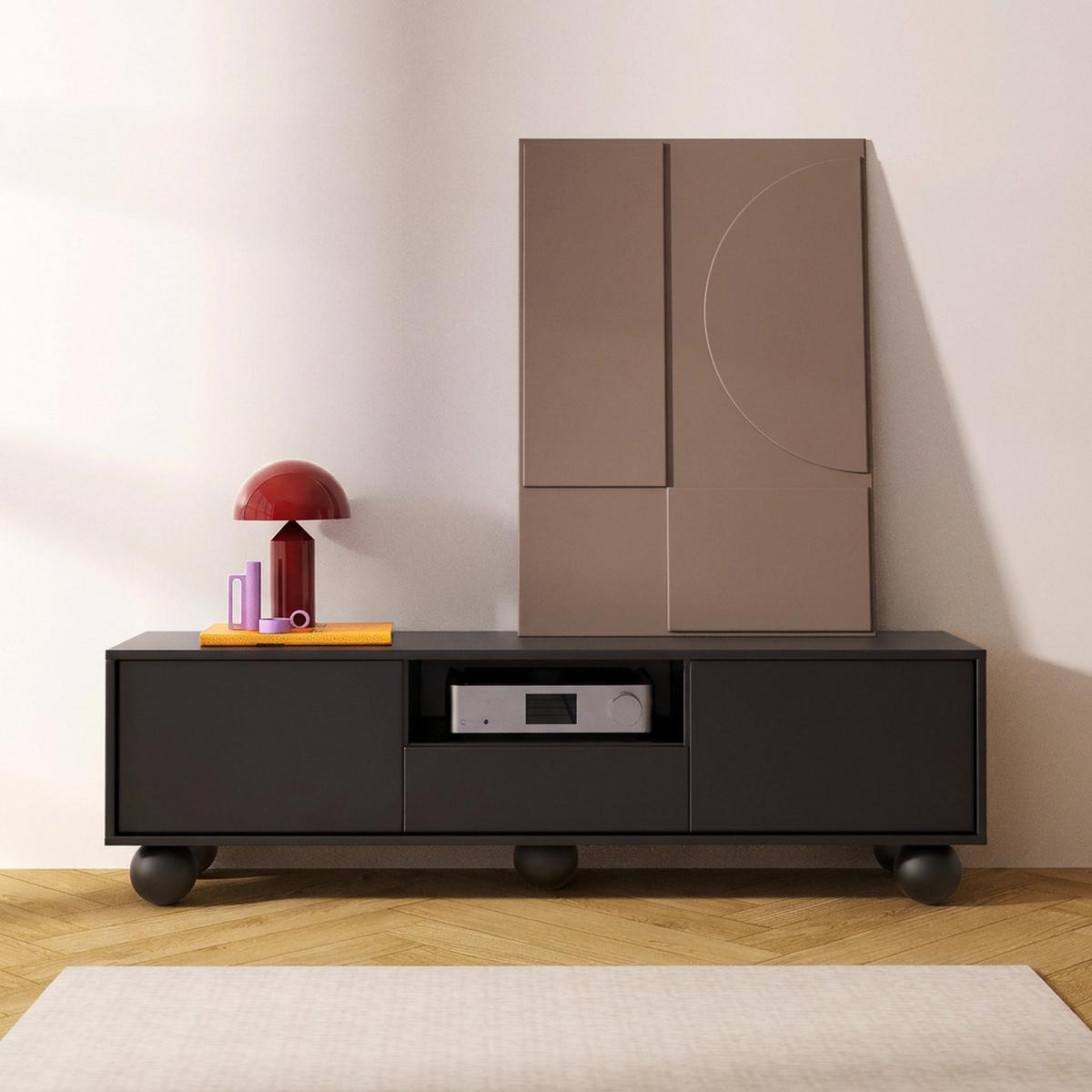 LOWBOARD Adel mit 2 Türen 1 Schublade und runden Füßen, 154 cm, Griffloss, Schwarz - Schwarz, Holzwerkstoff (154/46/38cm) - Beautysofa
