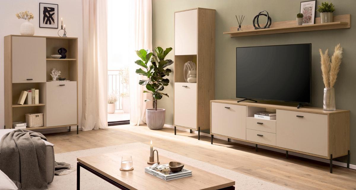 WOHNWAND Kaschmir, Eiche 259 cm 3-teilig, Wohnkombination mit Soft-Close - Kaschmir/Eichefarben, Glas/Holzwerkstoff (259/204/40cm) - Furn.Design