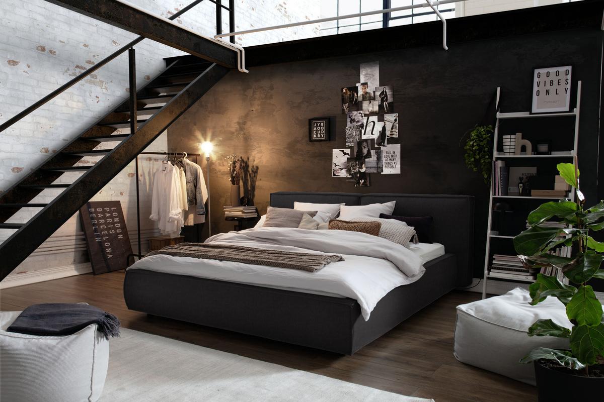 POLSTERBETT CARLO Schwarz Flachgewebe - Schwarz, Textil (160/200cm) - KAWOLA