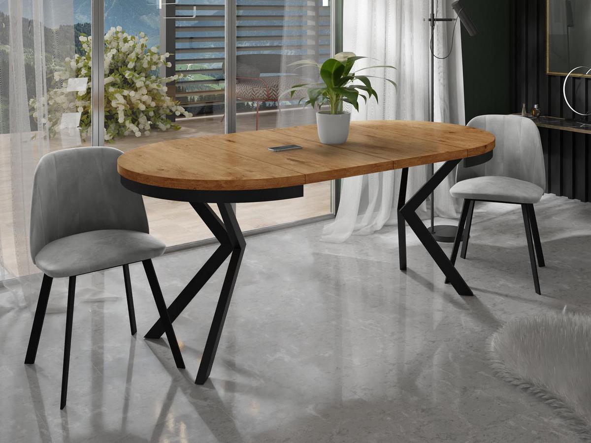 ESSTISCH Ross runder ausziehbarer, Lancelot Eiche 90-170/90/76 cm - Eichefarben/Schwarz, Holzwerkstoff/Metall (90/170/76cm) - WFL GROUP