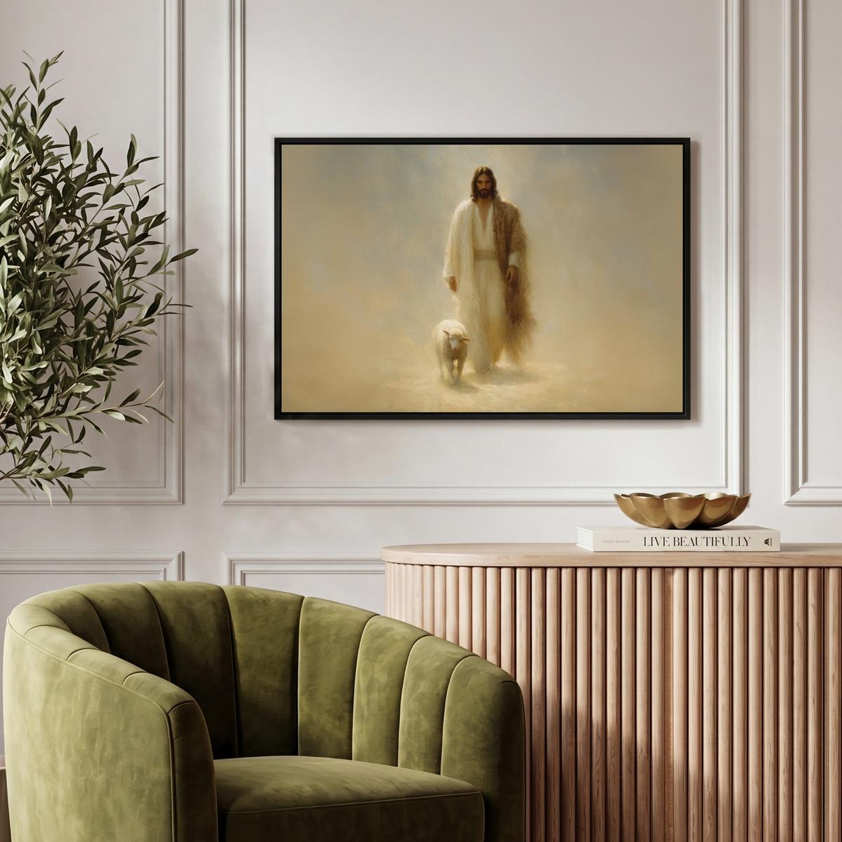 LEINWAND Bilder mit Rahmen - Schaf - Jesus - Pinselstriche - Abstrakt - 60x40 - Beige, Textil (60/40cm) - MuchoWow