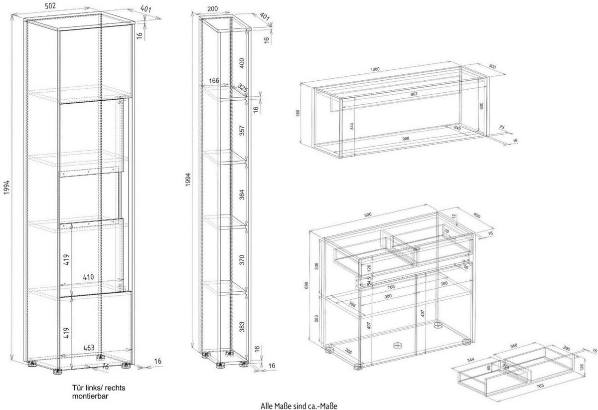AKTENSCHRANK Set 4-teilig grau matt, Eiche Wotan 290 cm, Büromöbelkombination mit Sekretär und viel Stauraum - Eiche Wotan/Schwarz, Glas/Holzwerkstoff (290/200/40cm) - Furn.Design