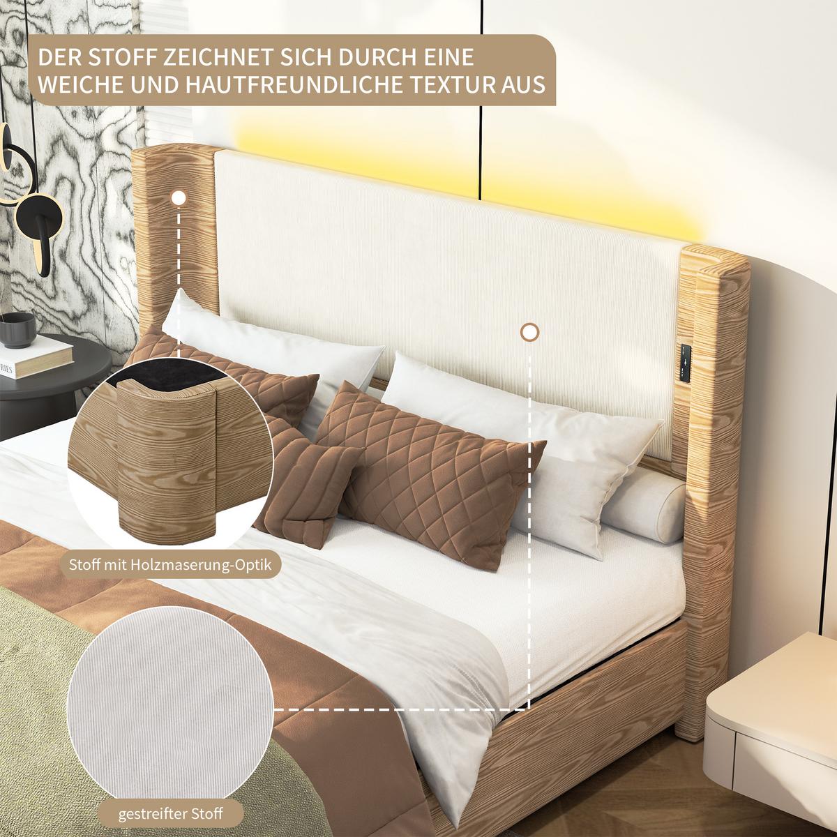 POLSTERBETT Beige Samt King Size 190X200 Stauraumbett mit LED & Gaslift - Beige, Textil (190/200cm) - Urban Meuble