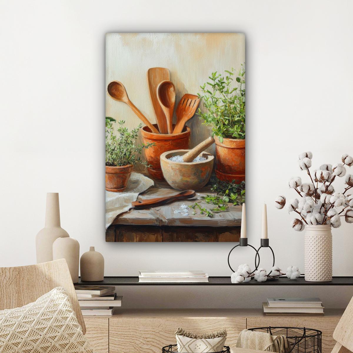 LEINWANDBILD Töpfe - Kräuter - Holz Wanddeko 40x60 cm - Terracotta, Textil (40/60cm) - MuchoWow