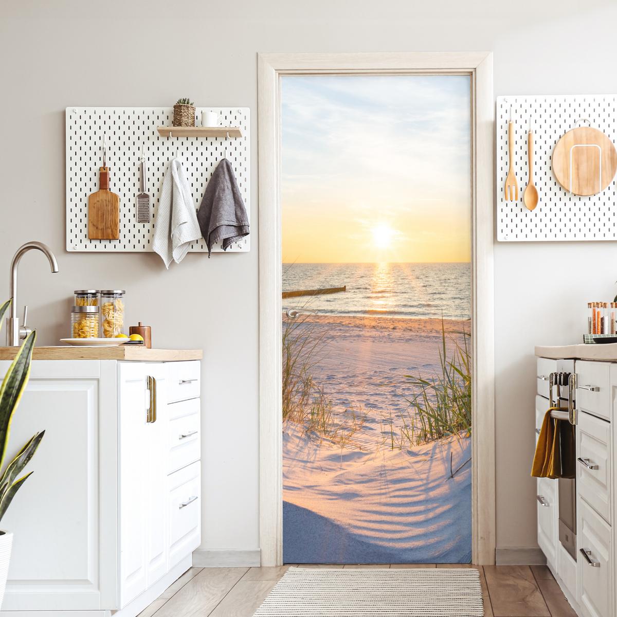 TÜRAUFKLEBER Strand - Sonne - Düne - Gras - Sand - Horizont Fototapete 75x205 cm - Türtapete - Dunkelgelb, Kunststoff (75/0.1cm) - MuchoWow