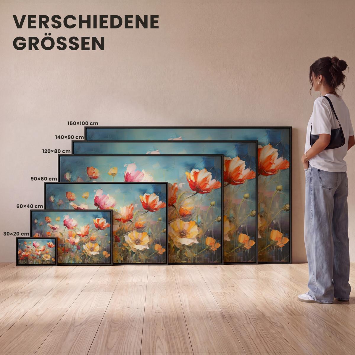 LEINWAND Bilder mit Rahmen - Blumen - Aquarell - Kunst - Botanisch - Natur - 140x90 - Orange, Textil (140/90cm) - MuchoWow