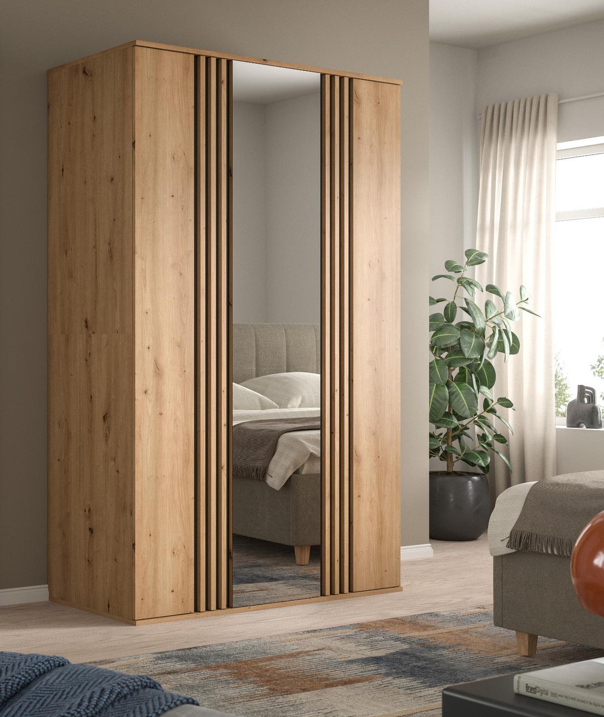 KLEIDERSCHRANK Eiche Artisan, grau 120 x 192 cm 3-türig, Drehtürenschrank mit Spiegel - Anthrazit/Eiche Artisan, Holzwerkstoff (120/192/56cm) - Inn.Furn
