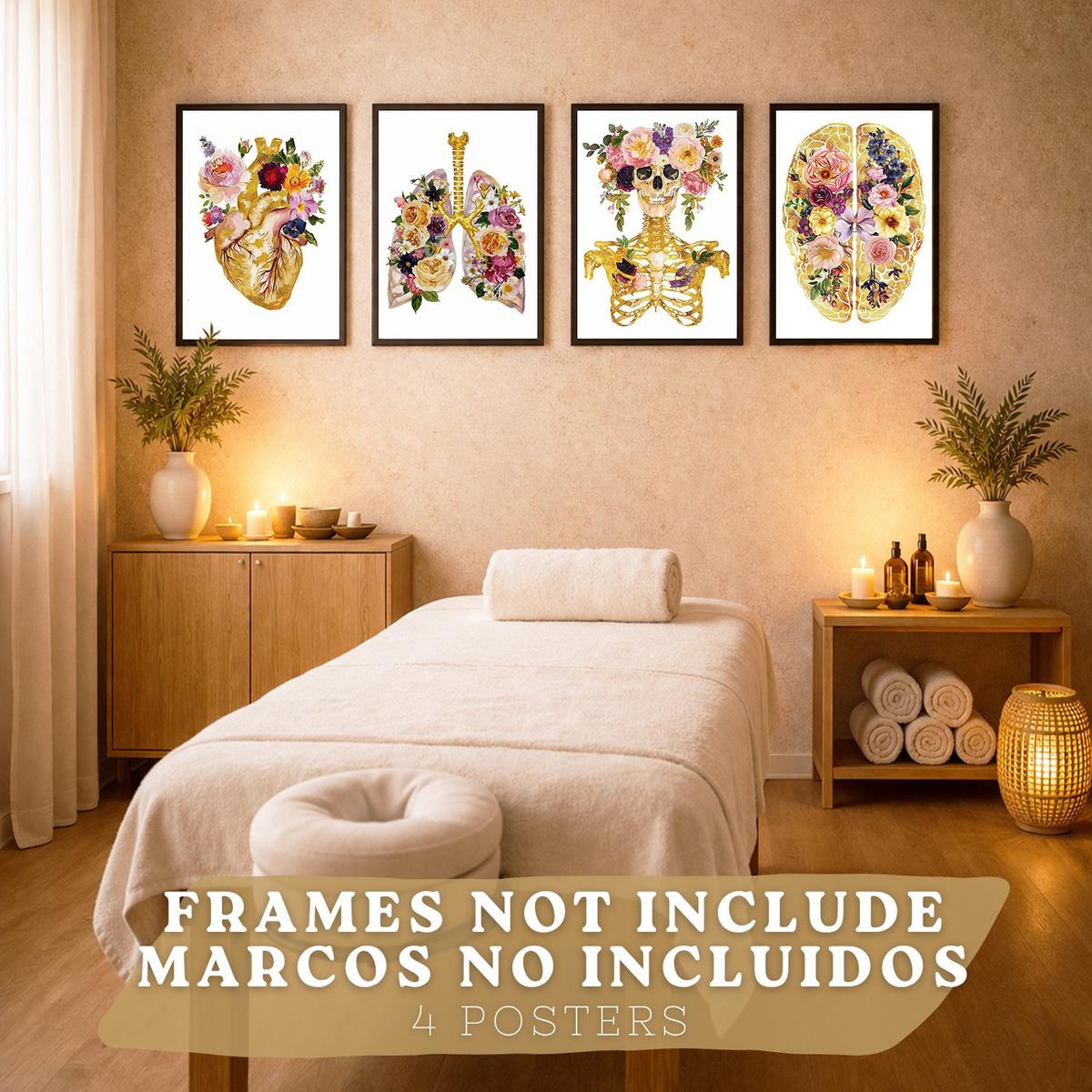POSTER Set aus 4 Anatomie Mensch Drucke und Wandbilder mit Herz Gehirn Schädel Lungen Luftröhre Bronchien Goldener Floraler Stil Größe Rahmenlos A3 - Klar, Papier (29.7/42/3cm) - Nacnic
