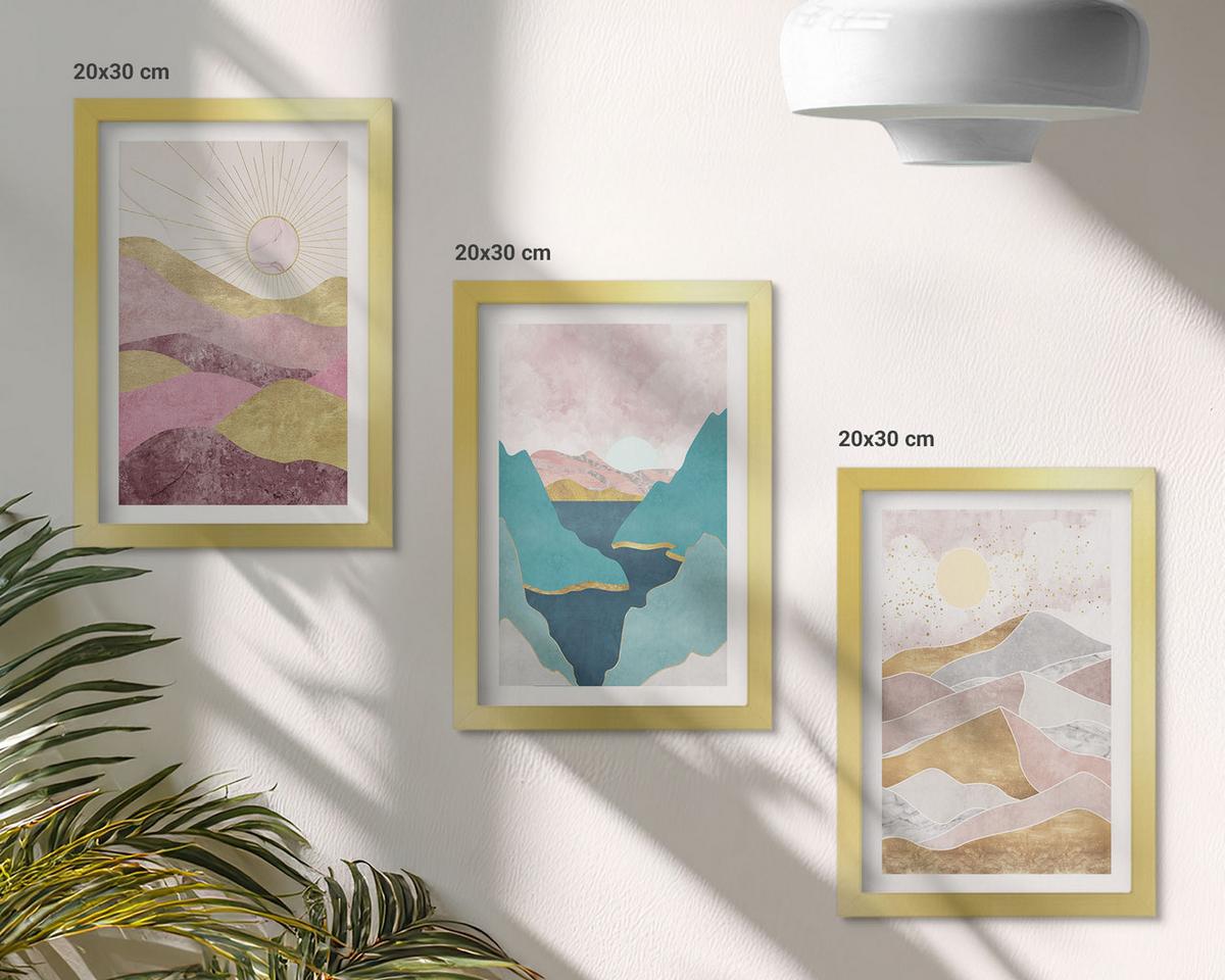 BILDER SET 3er Set - 20x30 cm Goldrahmen - Abstrakte Berge Sonne - Goldfarben, Kunststoff (20/30cm) - TULUP