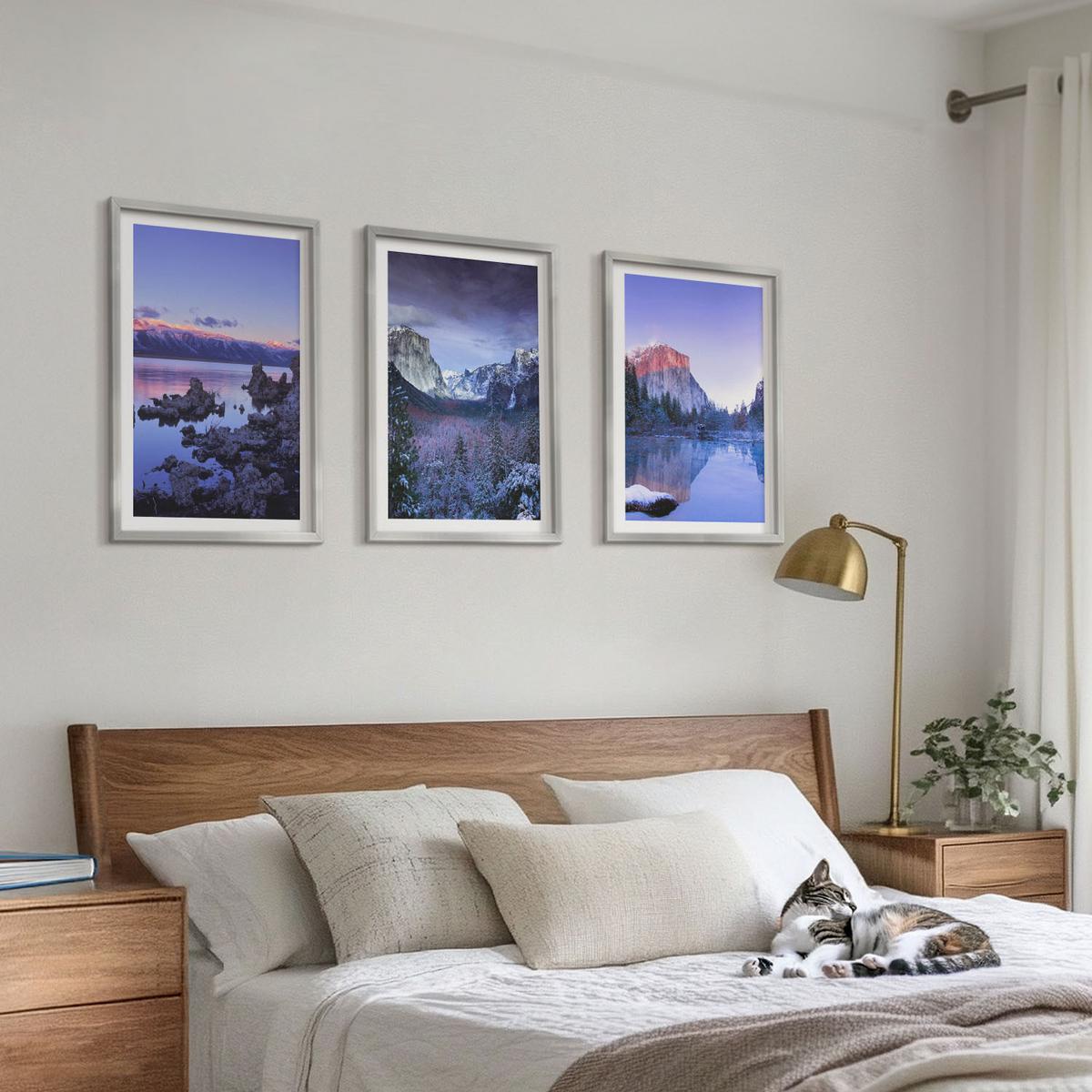 BILDER SET 3er Set - 40x60 cm Silberner Rahmen - Berglandschaften, Sonnenuntergang, Wasser - Silberfarben, Kunststoff (40/60cm) - TULUP