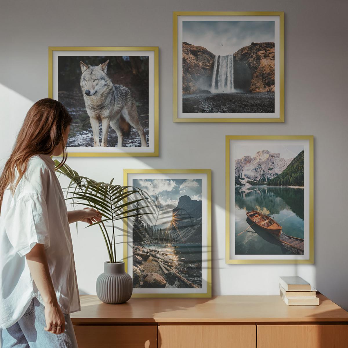 BILDER SET 4er Set - 50x50 cm & 40x60 cm Goldrahmen - Berge, Seen, Wasserfall, Wolf - Goldfarben, Kunststoff (50/50cm) - TULUP