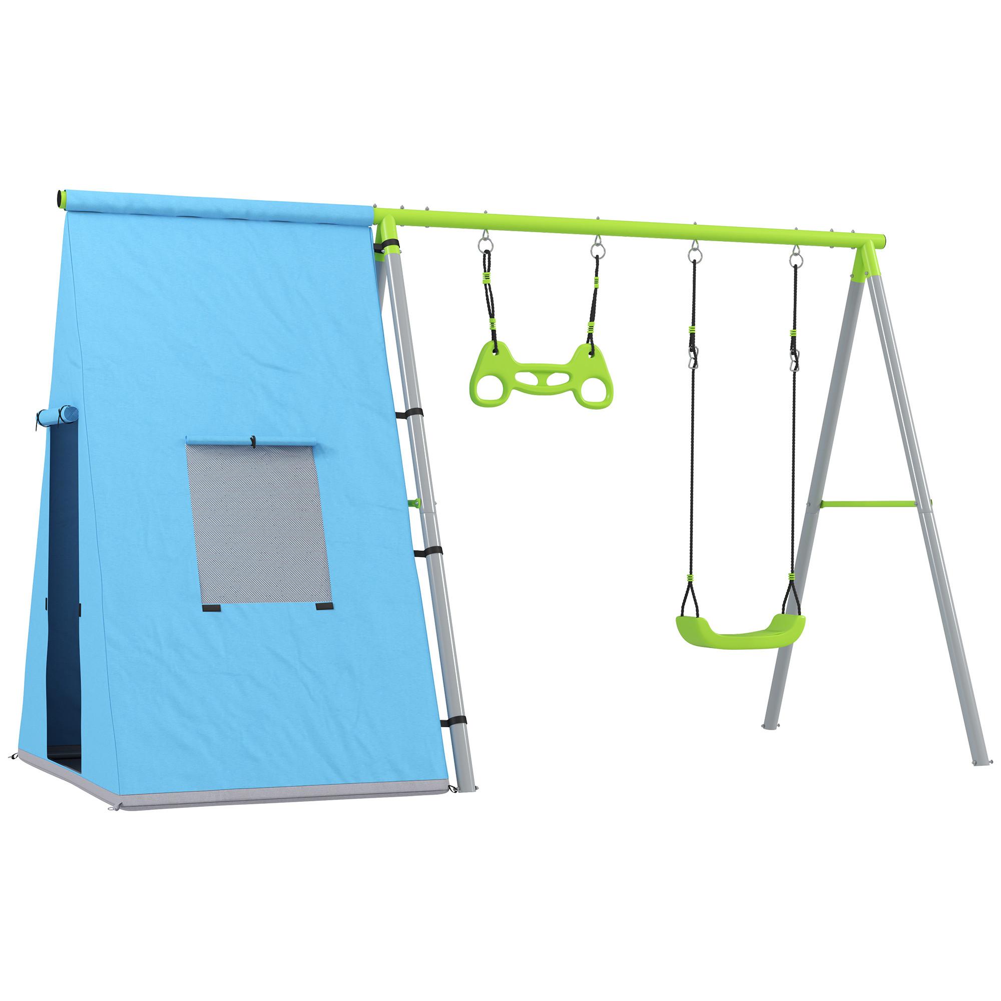 3 in 1 Schaukelgestell Schaukelgerüst mit Spielzelt, Schaukel und Turnringe - Grün, Metall (180/283cm) - AIYAPLAY