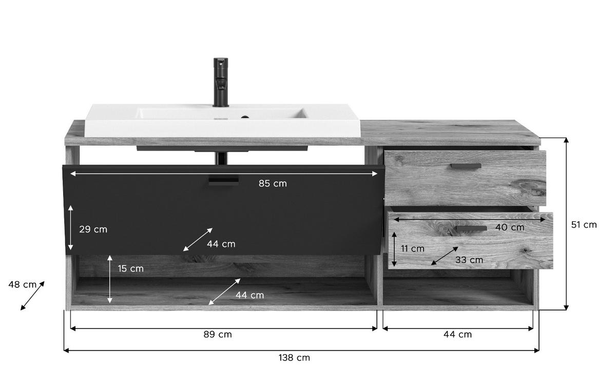 WASCHTISCH Eiche, grau matt 138 cm, Waschbeckenunterschrank mit Waschbecken - Eichefarben/Grau, Holzwerkstoff/Kunststoff (140/50/48cm) - Inn.Furn