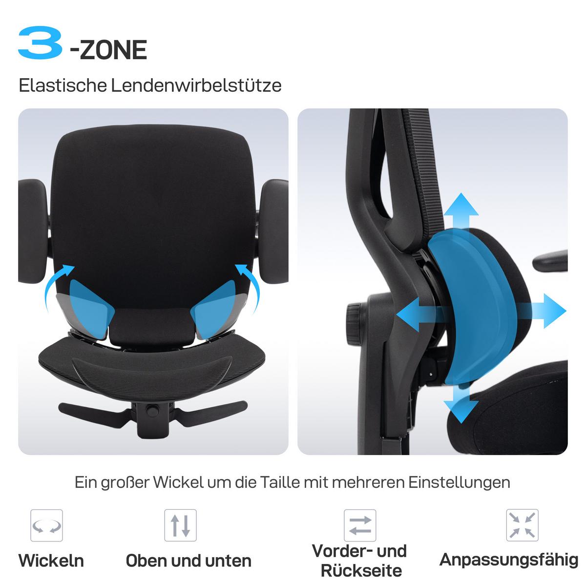 BÜROSTUHL ergonomisch mit Netzstoff, verstellbare Kopfstütze - Schwarz, Kunststoff/Textil (73/128/75cm) - HOMCOM