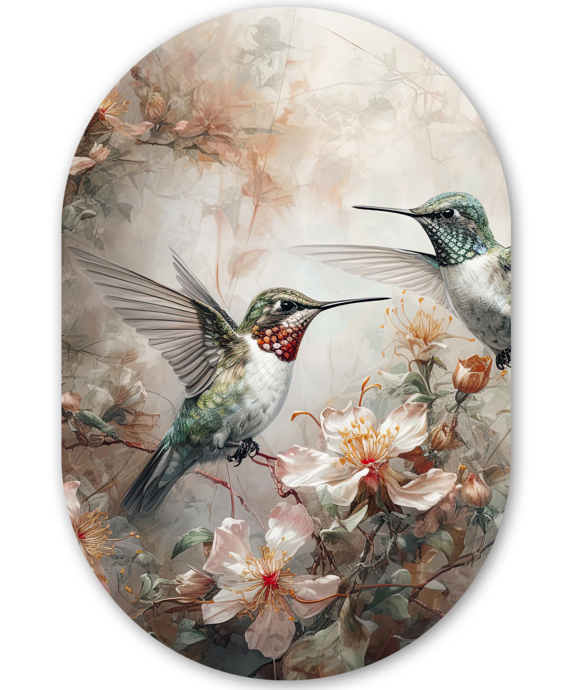 WANDBILD Kolibri - Vögel - Blumen - Pflanzen Deko Wohnzimmer 40x60 cm - Hellgrün, Kunststoff (40/60cm) - MuchoWow
