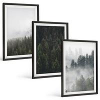 BILDER SET 3er Set - 40x60 cm Schwarzer Rahmen - Grüne Wälder Nebel Natur - Schwarz, Kunststoff (40/60cm) - TULUP