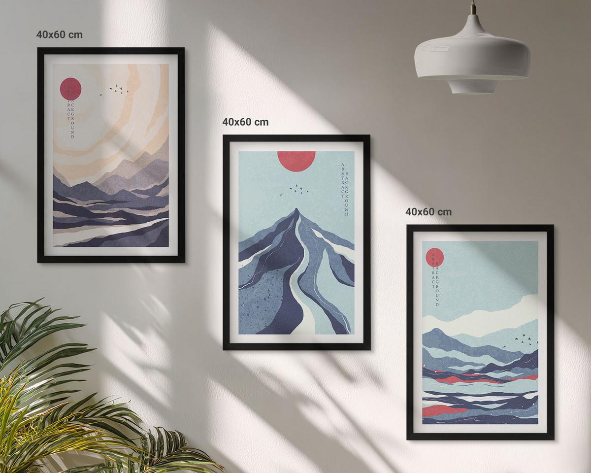 BILDER SET 3er Set - 40x60 cm Schwarzer Rahmen - Abstrakte japanische Berge - Schwarz, Kunststoff (40/60cm) - TULUP