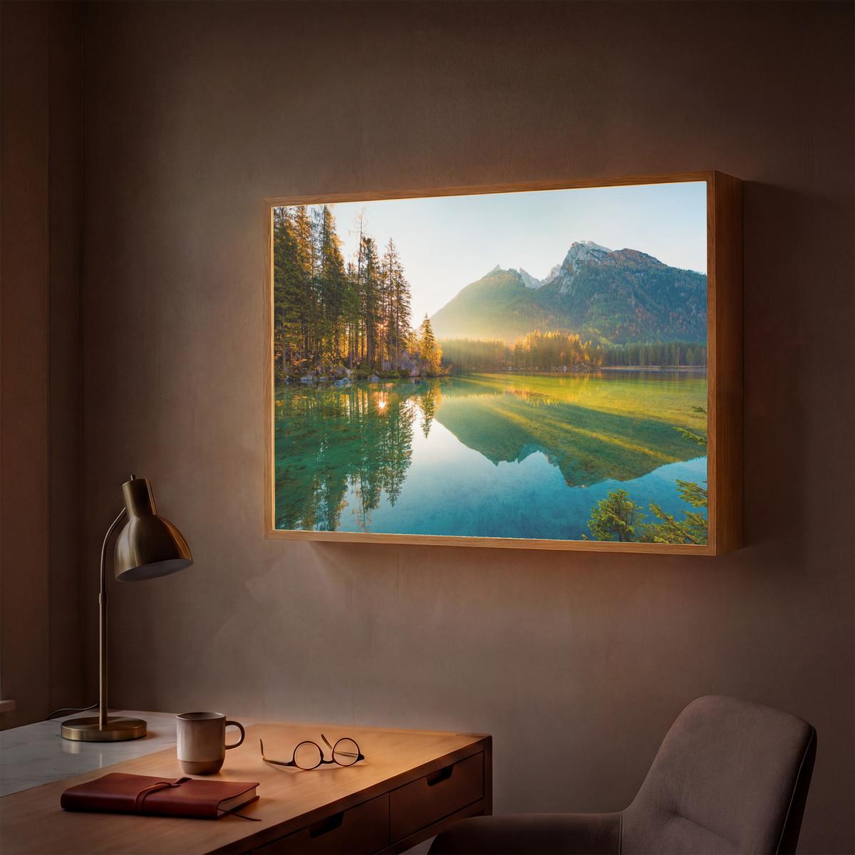 WANDLEUCHTE MIT AKKU See - Wald - Berge - Natur - Sonne - Landschaft 100x70 cm - Grün, Holzwerkstoff (100/70/8cm) - OnlyWow