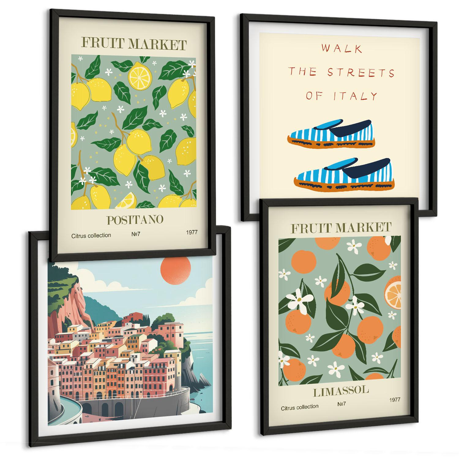 BILDER SET 4er Set - 50x50 cm & 40x60 cm Schwarzer Rahmen - Fruchtmuster der italienischen Kultur - Schwarz, Kunststoff (50/50cm) - TULUP