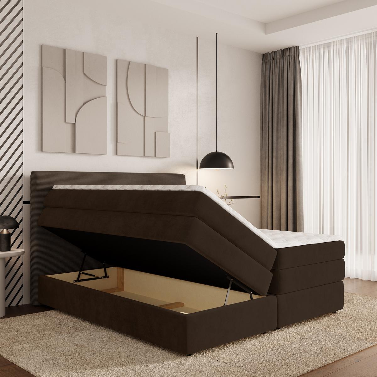 BOXSPRINGBETT MATERN 180x200 cm mit Matratze und Topper - Braun - Braun, Holz (180/200cm) - MASSENO