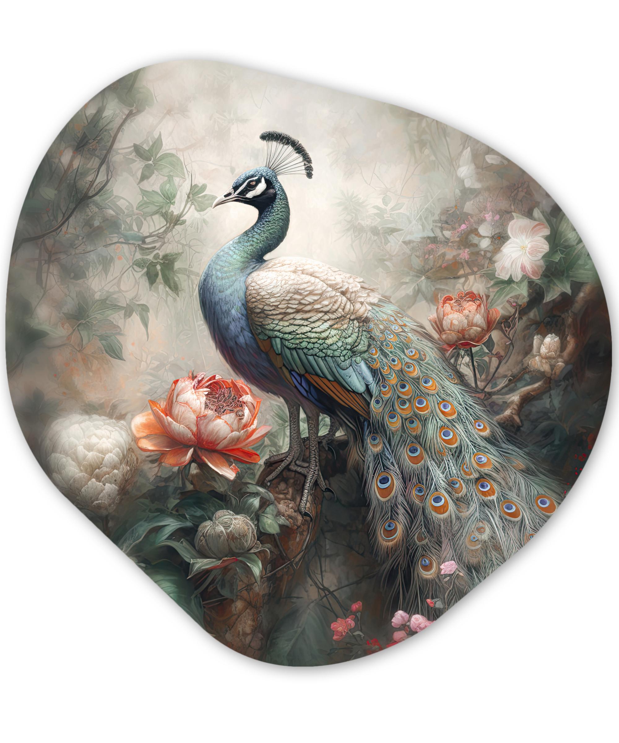 WANDBILD Pfau - Pfauenfedern - Vogel - Dschungel - Blumen Room Decor 90x90 cm - Smaragdgrün, Kunststoff (90/90cm) - MuchoWow