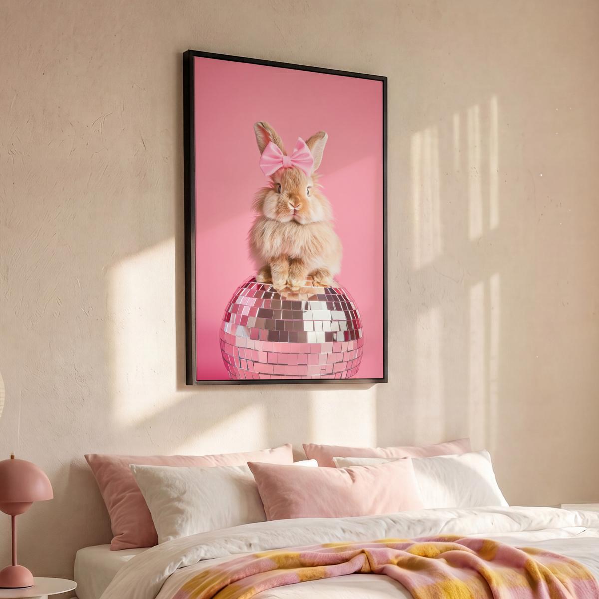 LEINWAND Bilder mit Rahmen - Schleife - Discoball - Kaninchen - 90x140 - Pink, Textil (90/140cm) - MuchoWow